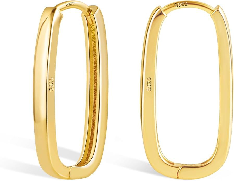 925 Sterling Silver Rectangle Hoop Earrings for Women Silver Geometric Hypoallergenic Oval Hoop E... | Amazon (US)