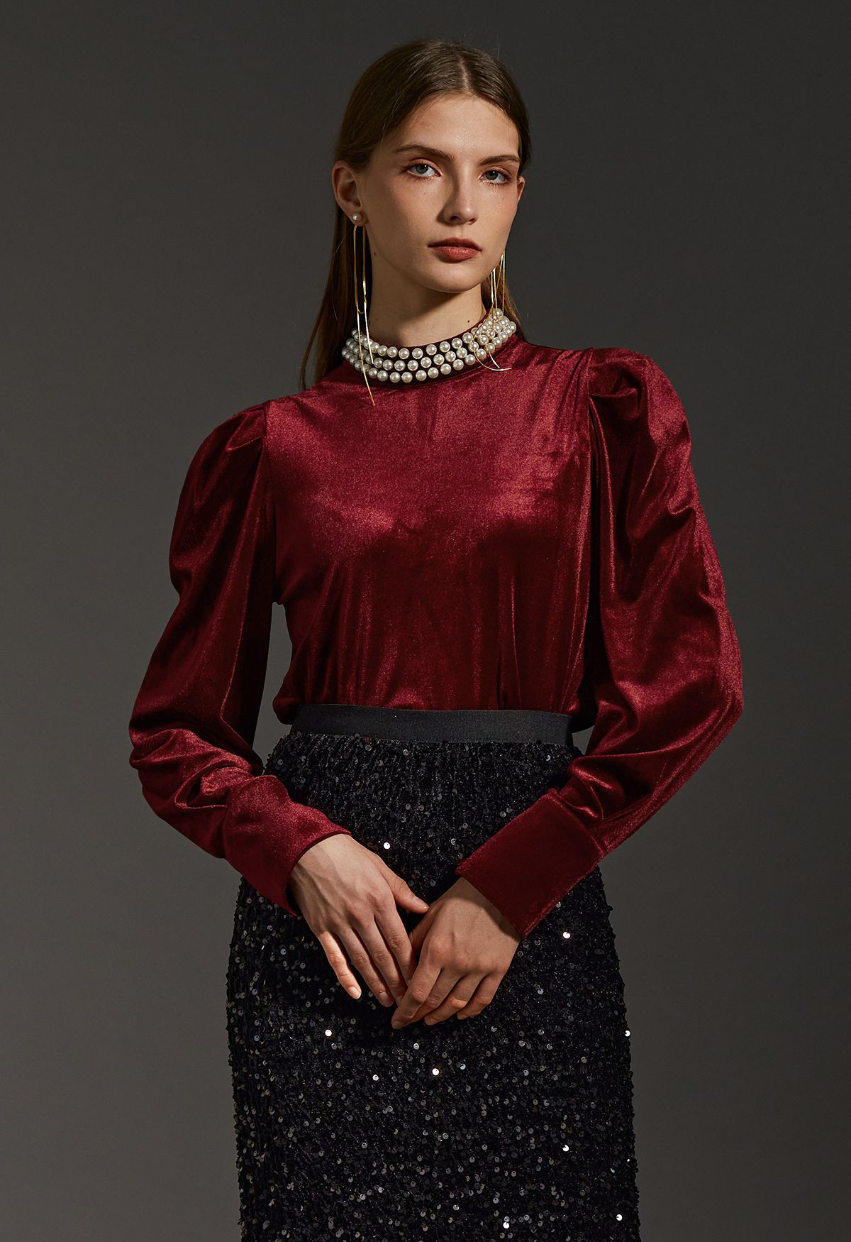Pearl Trim Neckline Velvet Top in Burgundy | Chicwish