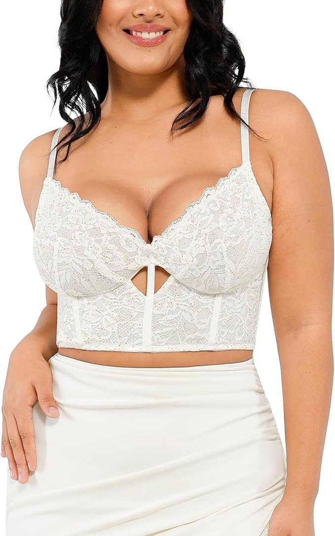 Popilush Bustier Corset Crop Tops for Women V Neck Lace Bralette with Underwired Racerback Adjust... | Amazon (US)