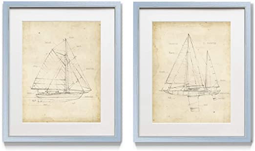 Renditions Gallery Sailboat Diagram 2 Piece Framed Artwork Set, Blueprint, Vintage Yellow Paper, ... | Amazon (US)