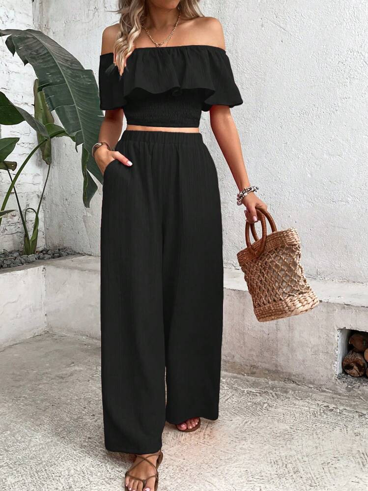 Breezaya Off Shoulder Ruffle Trim Crop Top & Wide Leg Pants | SHEIN