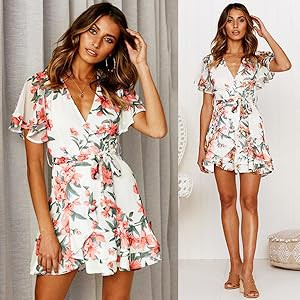Angashion Women's Floral Short Sleeve Wrap V Neck Ruffle Mini Dress with Belt | Amazon (US)
