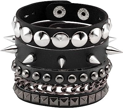 Milakoo 3 Pcs Men Studded Cuff Bracelet Rivets Bracelet Leather Rivets Bracelet | Amazon (US)