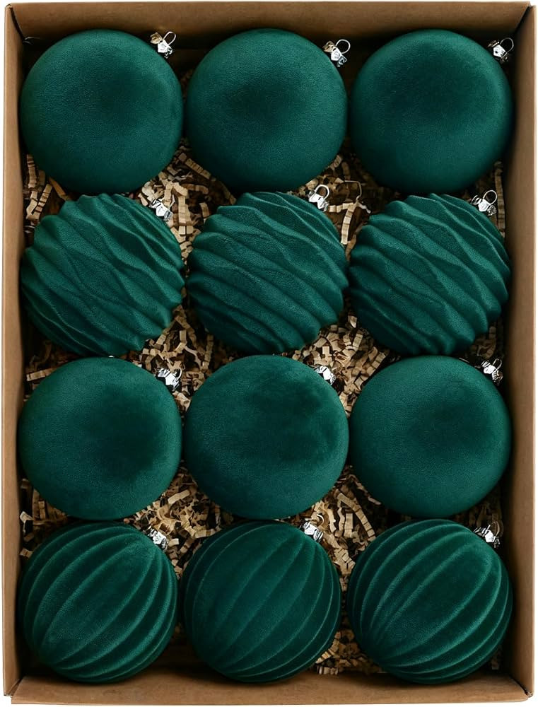 12Pcs Velvet Christmas Tree Ornaments, 2.4'' Green Christmas Ornaments Set, Flocked Shatterproof ... | Amazon (US)