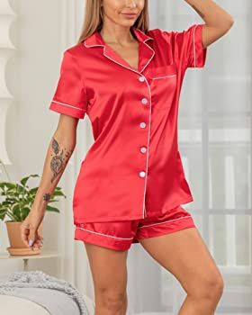 YIMANIE Womens Silk Satin Pajama Sets Two-piece Button Down Pj Set Sleepwear Loungewear for Women | Amazon (US)