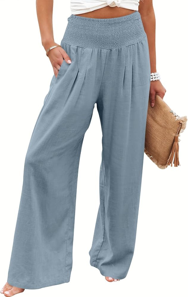ANRABESS Women Linen Palazzo Pants Summer Boho Wide Leg High Waist Casual Lounge Pant 2026 Beach ... | Amazon (US)
