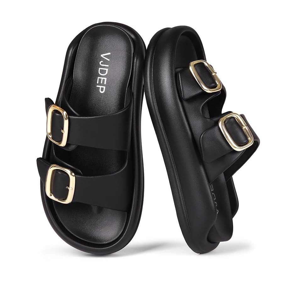 Women's Modern Minimalist Platform Sandals with Gold Buckle, Casual Slip On, Lightweight Foam Sli... | Amazon (US)
