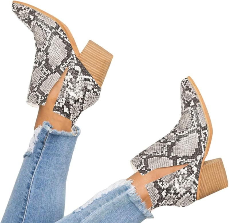 Womens Ankle Boots Pointed Toe Slip On V Cutout Snakeskin Two Tone Chunky Stacked Mid Heel Bootie... | Amazon (US)