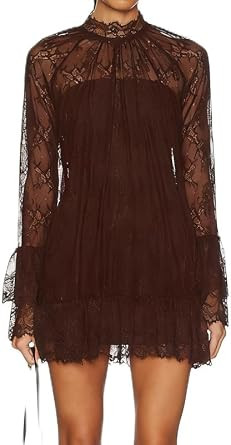 Women See Through Long Sleeve Lace Mini Dress Ruffle Layered Sheer Lace Short Dresses Sexy Going Out Cover Up Dresses | Amazon (US)