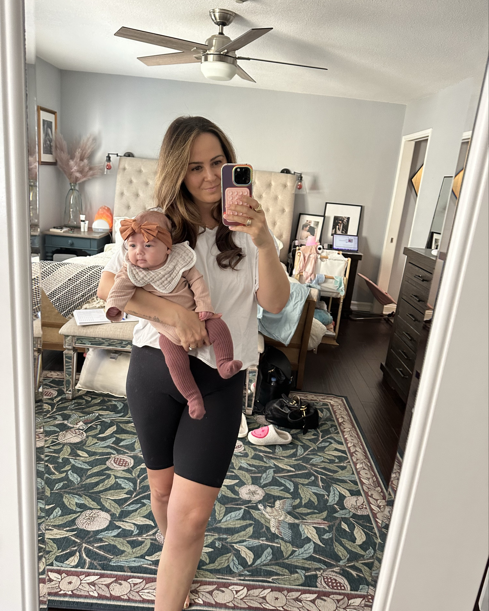 mommy + me OOTD 🤍 3 months postpartum. sloane in her tights era and on my journey to get this pink back. the shorts are everything for me rn, long enough and have a nice amount of support 

#LTKBaby #LTKActive #LTKFindsUnder100