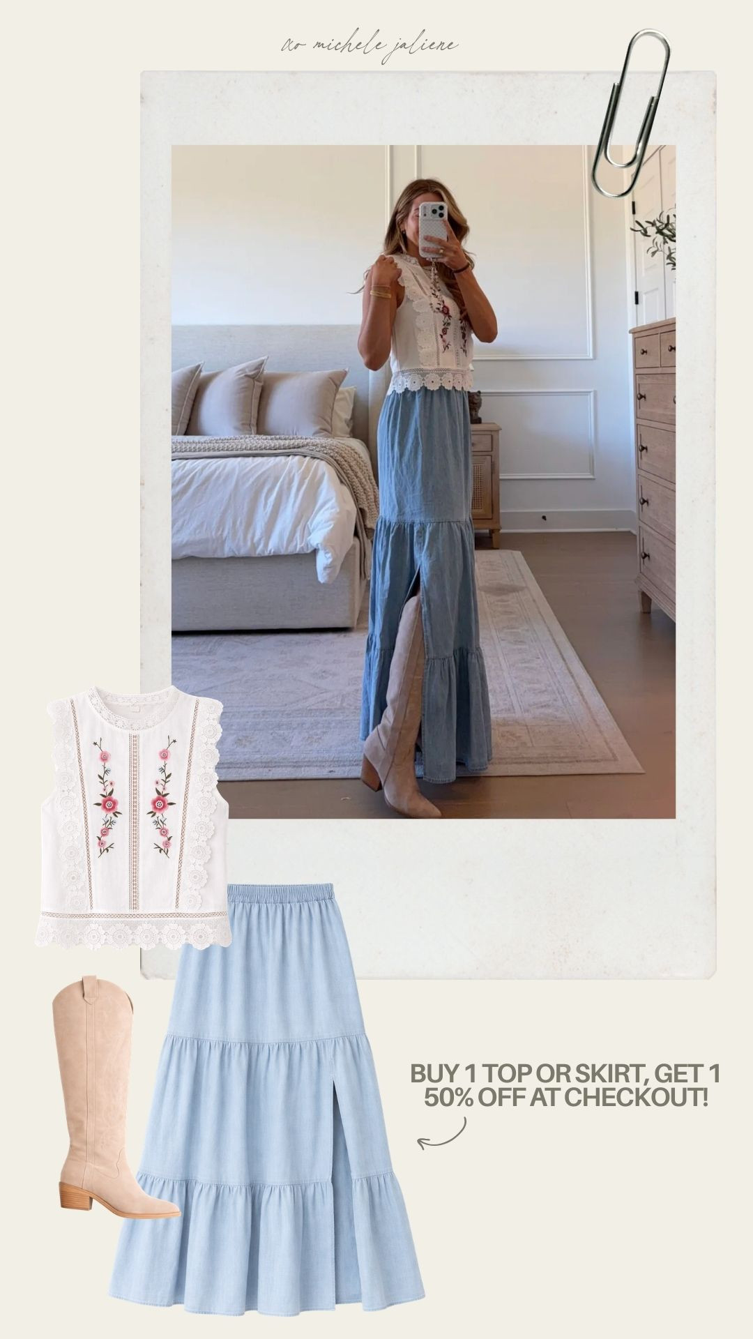 buy 1 top or skirt from pink lily, and get 1 50% off at checkout 🤍

sale alert, spring fashion, maxi skirt, vacation outfit, new arrivals, cowgirl boots, michele jaliene 

 #LTKootd #LTKSeasonal #LTKSaleAlert