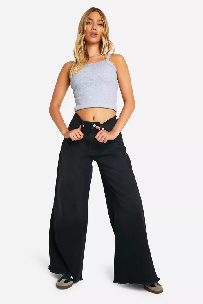 Raw Hem Detail Wide Leg Denim Jeans | boohoo (US & Canada)