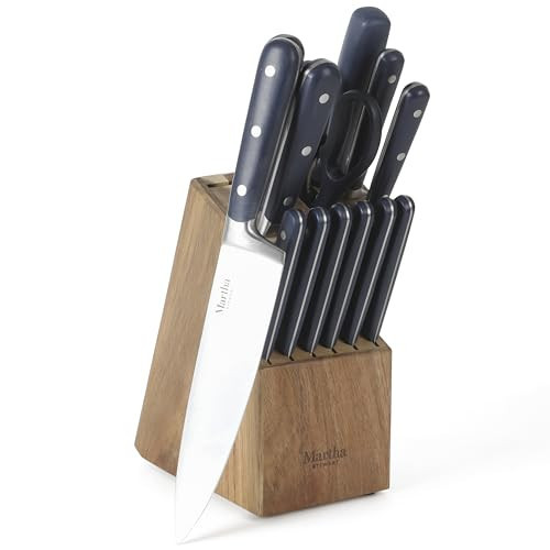 MARTHA STEWART Eastwalk 14 Piece High Carbon Staineless Steel Cutlery Set w/ABS Triple Riveted Forged Handle Acacia Wood Block - Navy Blue | Amazon (US)