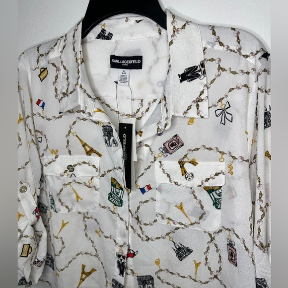 Karl Lagerfeld Clip Art characature Blouse NWT sz Large | Poshmark