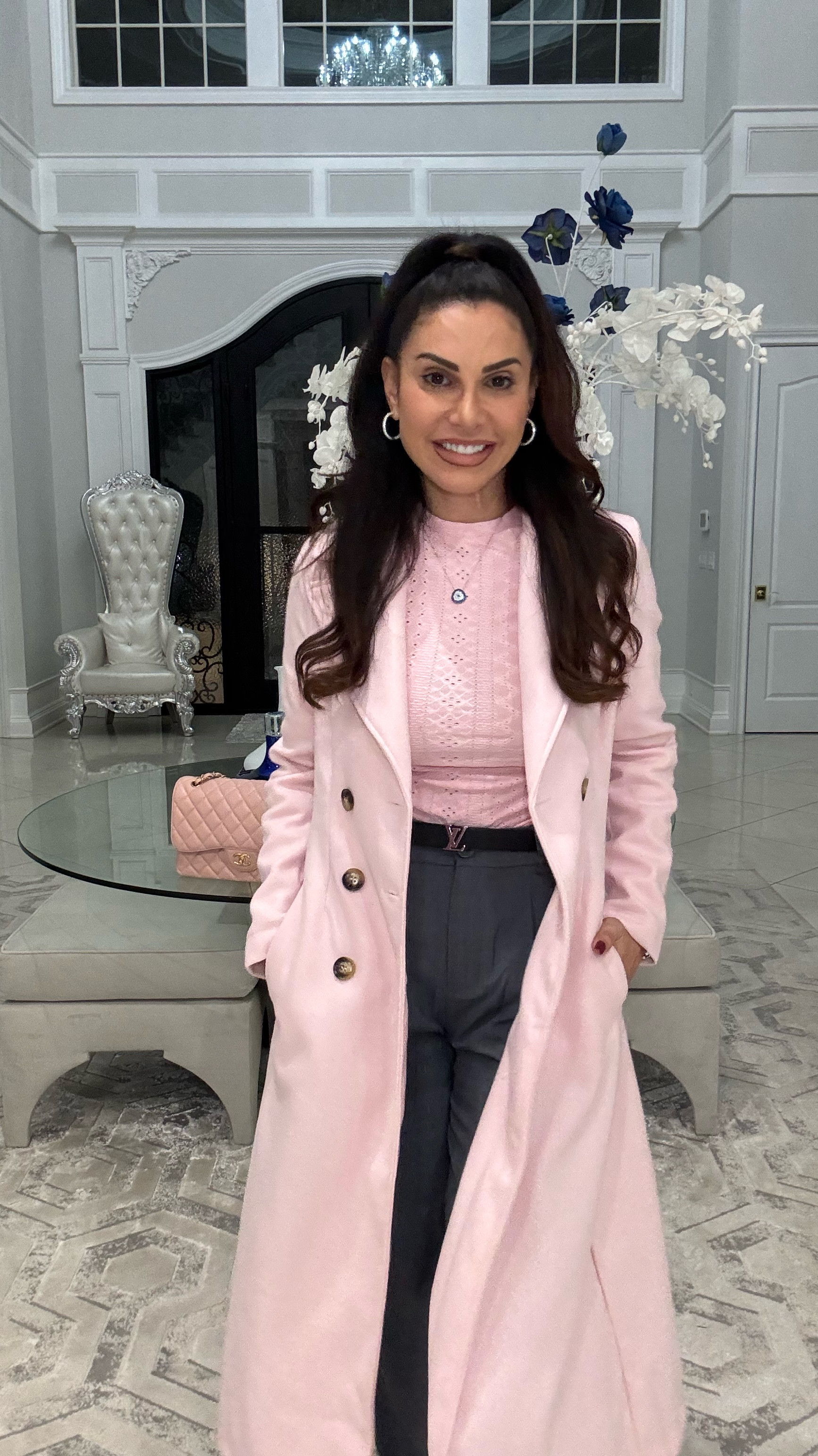 Pretty in pink! This coat is not heavy and very easy to wear!  Pants, top & coat are all size small for your reference. 