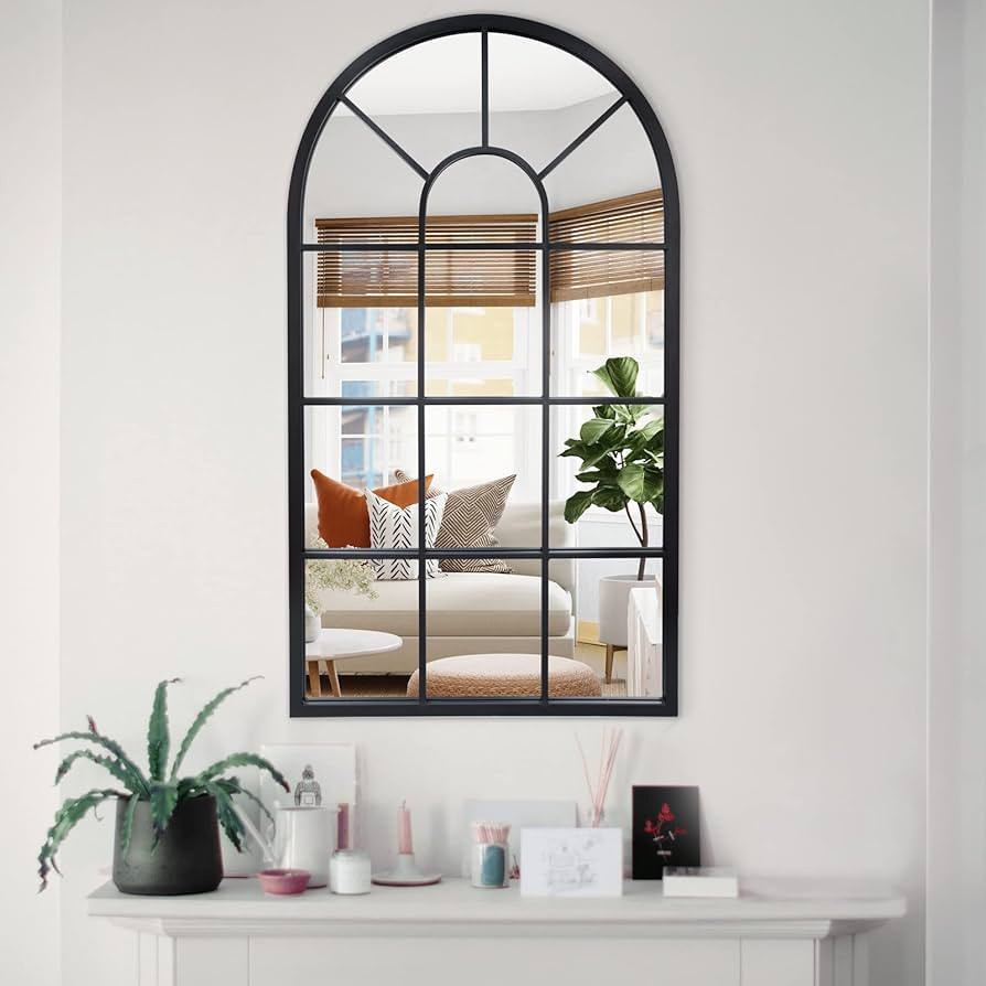 LYYYXGYP Arched Window Mirror Black Metal Frame Wall Mounted Decorative Mirror Windowpane Decorat... | Amazon (US)