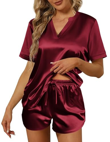 Ekouaer Silk Pajamas for Women Short Sleeve Satin Sleepwear Two-piece Pjs Set Soft V Neck Loungewear Wine RedXXL | Amazon (US)