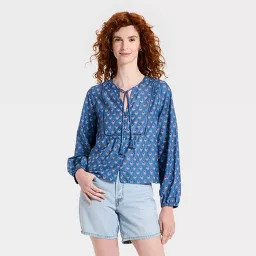 Women's Balloon Long Sleeve Printed Blouse - Universal Thread\u2122 Blue Floral XS | Target
