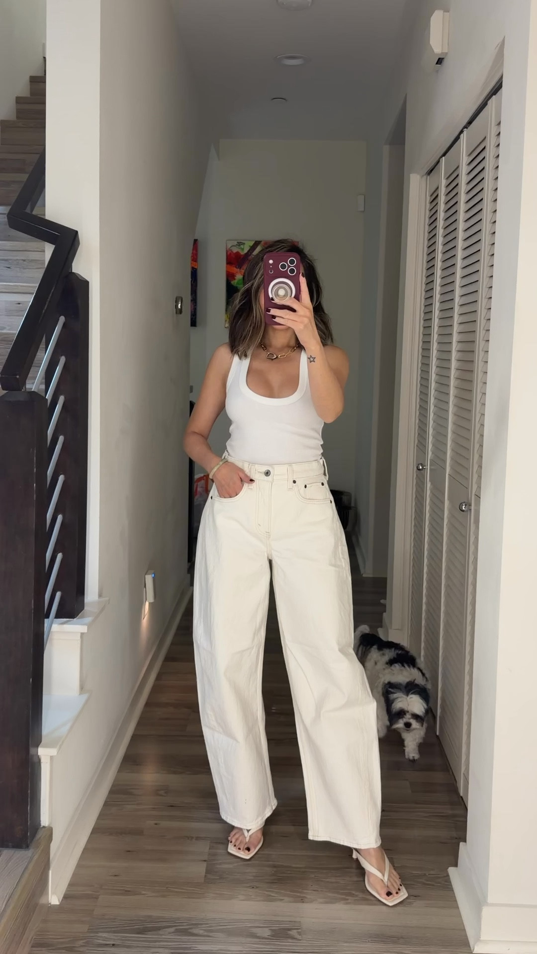 Spring outfit check with a cute little photobomb 🤍 Loving these ivory barrel jeans, styled with a simple white tank top, thong kitten heels and gold jewelry. 

Spring outfit, ootd, jean, sandals, kitten heels, tank top, jewelry, The Stylizt 



#LTKootd #LTKSaleAlert #LTKgrwm