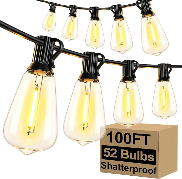 Brightever LED Outdoor String Lights 100FT Patio Lights with 52 Shatterproof ST38 Vintage Edison ... | Amazon (US)