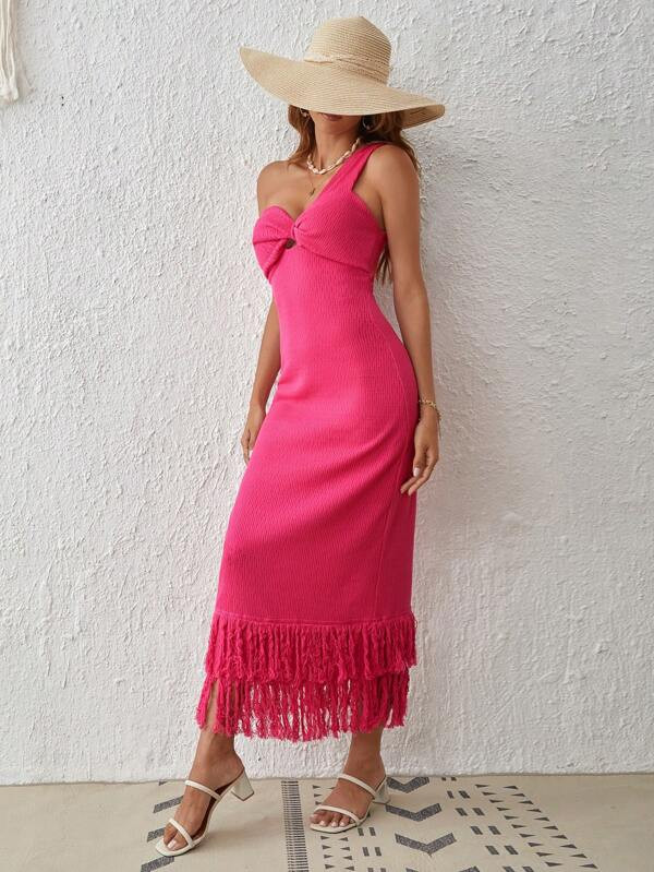 SHEIN VCAY One Shoulder Twist Front Fringe Hem Bodycon Dress | SHEIN