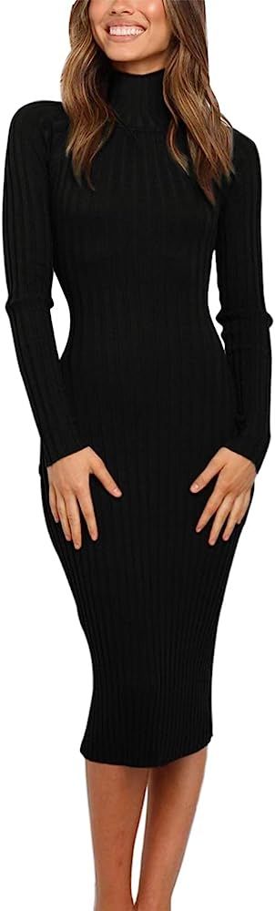 MEROKEETY Women's Ribbed Long Sleeve Sweater Dress High Neck Slim Fit Knitted Midi Dress Coffee a... | Amazon (US)
