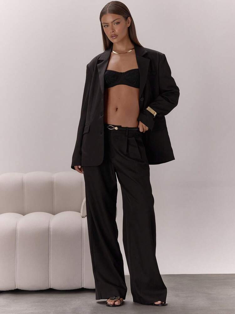 MUSERA Woven Pleated Low Waist Wide Leg Belt Loop Suit Trousers Classy Sexy Night Out Occasion Va... | SHEIN