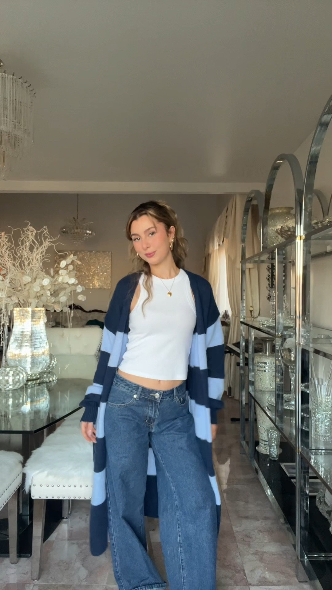 MEDIUM cardigan and xs blue jeans 