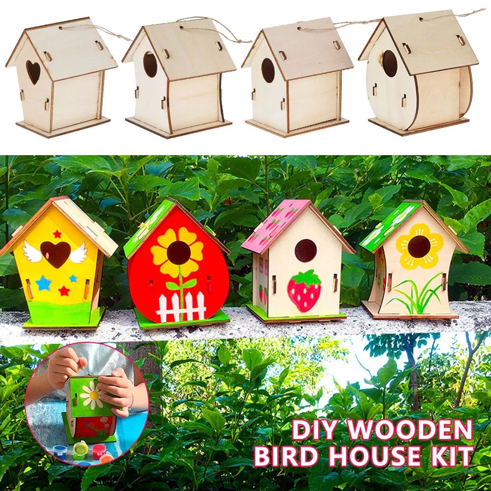 HOTBEST 4 Sets Paint Your Own Wooden Bird House Kit Small Garden Nesting Childrens Craft DIY Bird... | Walmart (US)