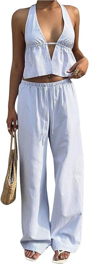 MakeMeChic Women's Summer 2 Piece Sets Backless Halter Tank Top Wide Leg Linen Pants Set Vacation... | Amazon (US)