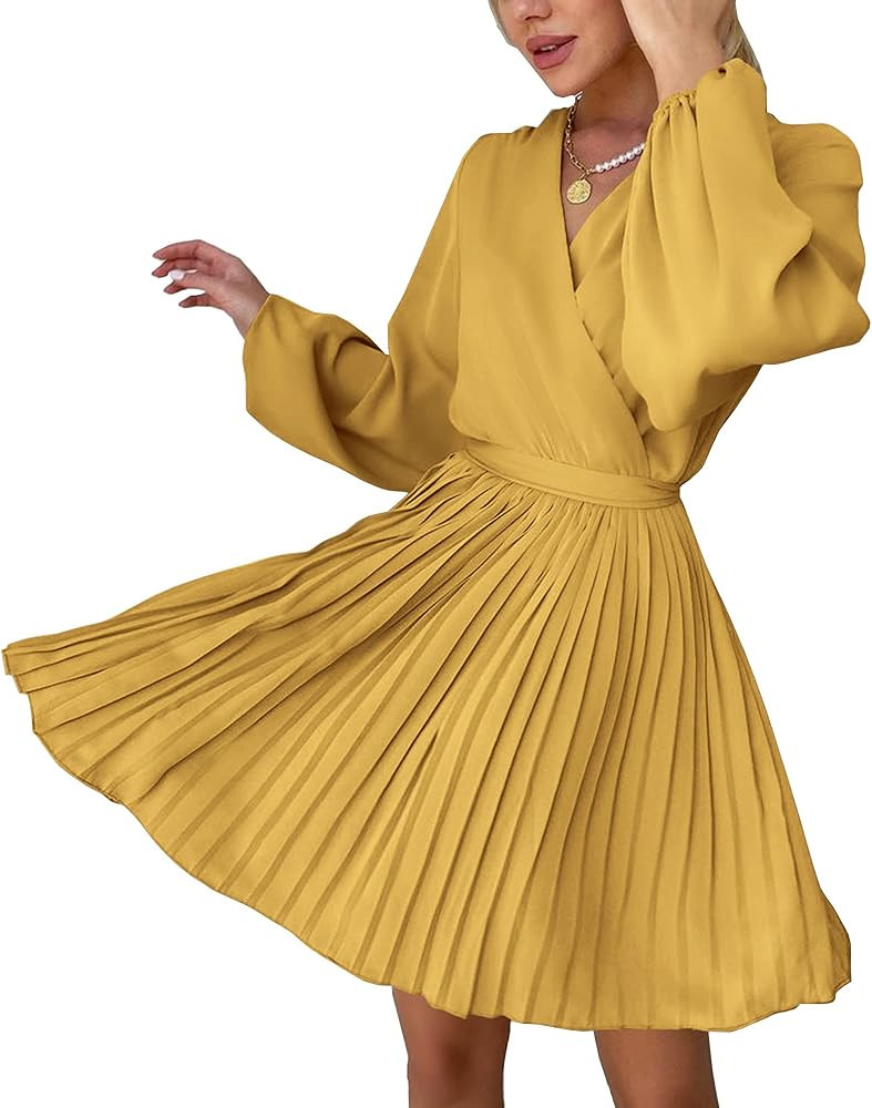BTFBM Women 2023 Summer Casual Dresses Boho Wrap V Neck Puff Long Sleeve Beach Cocktail Flowy Pleate | Amazon (US)