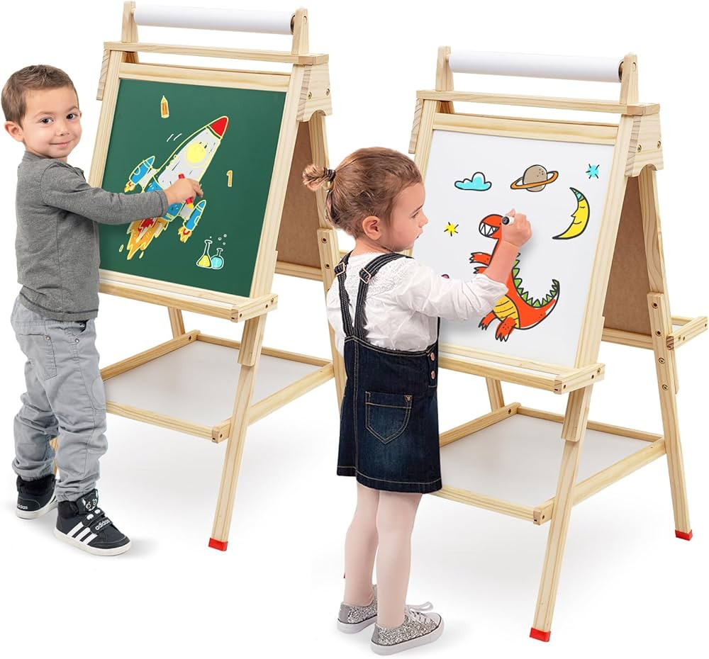 Kids Easel Wooden Art Easel Adjustable Standing Easel Double-Sided Drawing Easel with Paper Roll ... | Amazon (US)