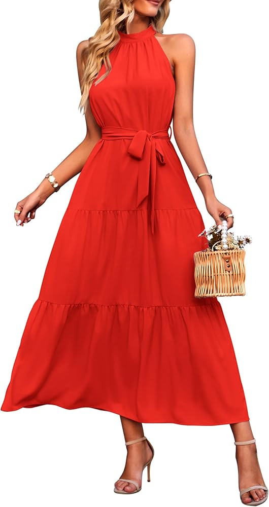 PRETTYGARDEN Women's Summer Floral Maxi Sun Dress Sleeveless Halter Neck Flowy Ruffle Hem Long Bo... | Amazon (US)