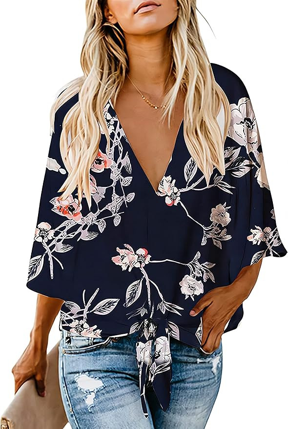 Women's Casual Floral Blouse Batwing Sleeve Loose Fitting Shirts Boho Knot Front Tops | Amazon (US)