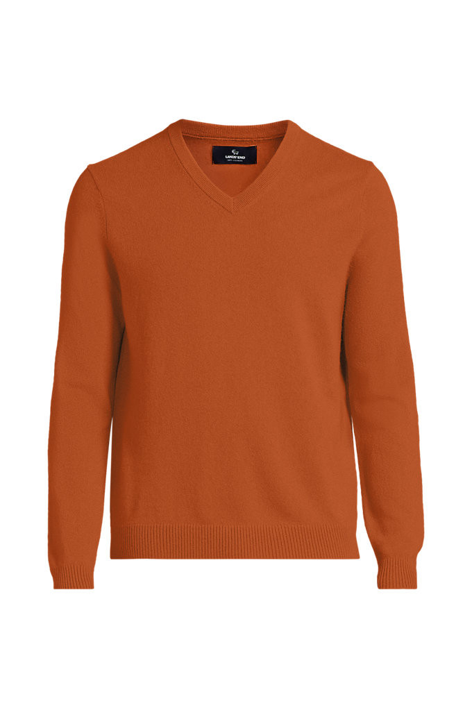 Men's Fine Gauge Cashmere V-neck Sweater - Lands' End - Orange - M | Lands' End (US)
