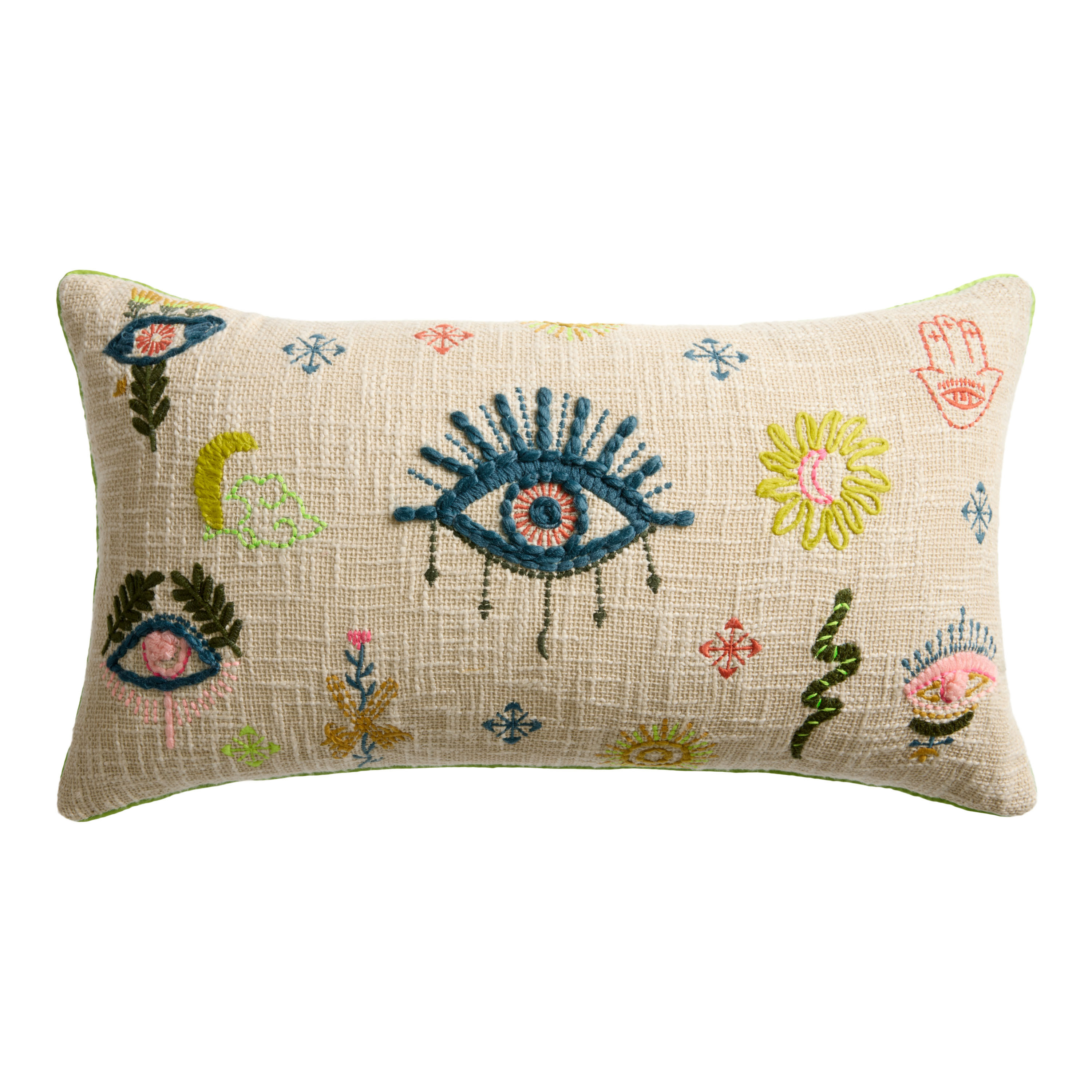 Ivory Textured Embroidered Eye Symbol Lumbar Pillow | World Market