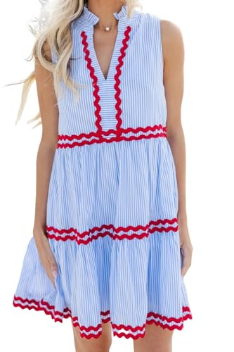 Kuraki Women's Cute Sleeveless Rickrack Tiered Striped Dress Light Blue M | Amazon (US)