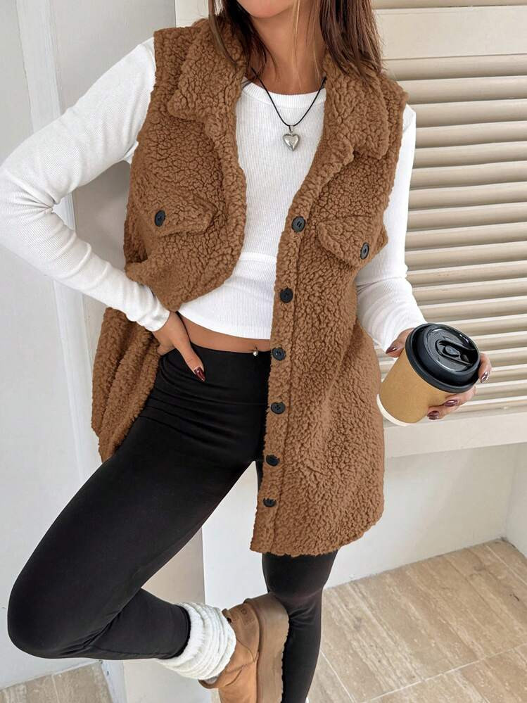 SHEIN EZwear Flap Detail Teddy Vest Coat Simple Fashionable Suitable For Winter | SHEIN