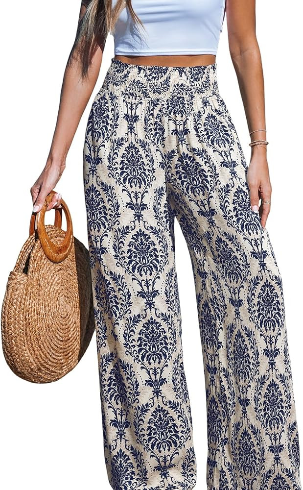 CUPSHE Womens Wide Leg Pants Elastic High Waisted Beach Trousers Summer Palazzo Pant | Amazon (US)