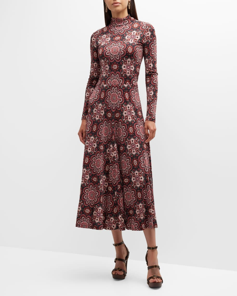 Agata Mock-Neck Long-Sleeve Printed Midi Dress | Neiman Marcus