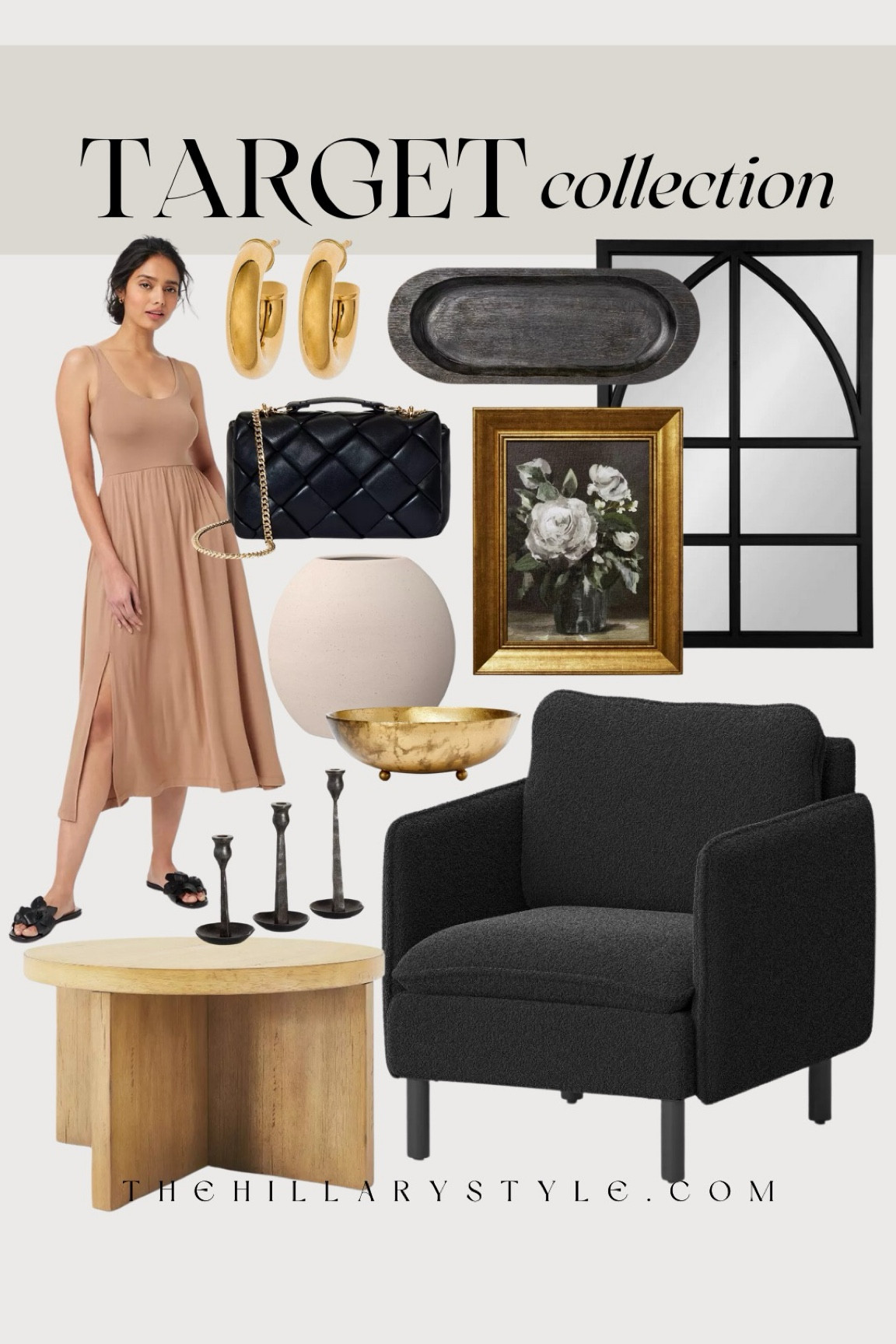 Target Collection: neutral home decor and fashion finds from Target. Ballet dress, black sandals, black crossbody bag, gold hoops, black boucle chair, wood coffee table, black mirror, framed art, black wood tray, ceramic vase, gold bowl, black candle holder set. Spring dress, spring outfit, summer dress, dress outfit, spring home refresh, neutral home, modern home.

#LTKhome #LTKstyletip #LTKSeasonal
