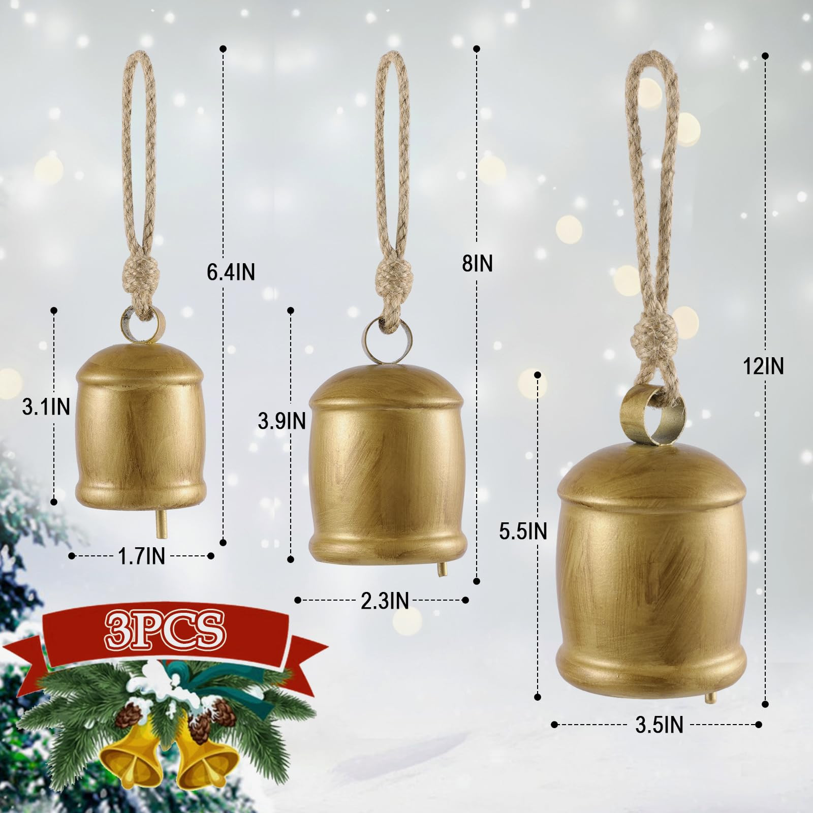 3 Pcs Harmony Cow Bells Vintage Christmas Gold Bells, Decorative Large Rustic Hanging Bell Orname... | Amazon (US)