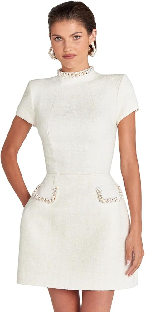 ANKOMINA Women's Beaded Tweed A-Line Mini Dress Sparkly Short Sleeve Pearl Mock Neck Dress with P... | Amazon (US)