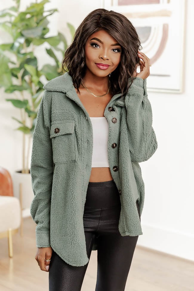 Wonderful Soul Olive Sherpa Shacket, Small - Pink Lily | Pink Lily