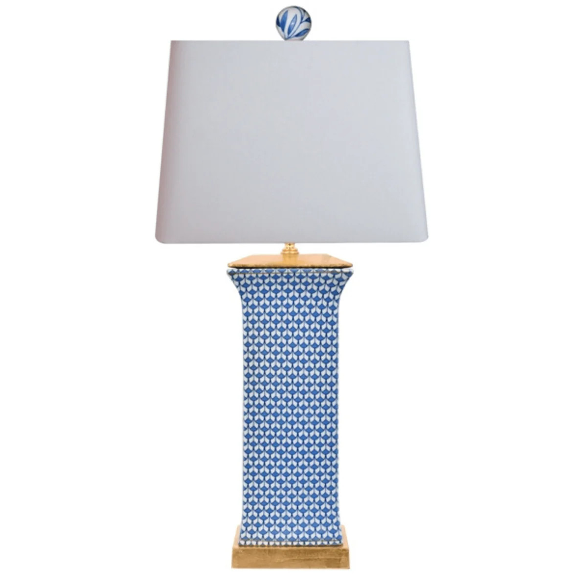 Porcelain Blue Fish Scale Flat Vase Lamp With Gold Leaf Base | The Well Appointed House, LLC