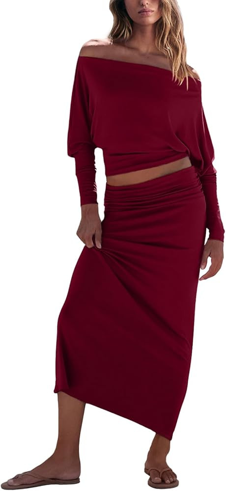 UNIANKIYA 2 Piece Skirt Sets For Women Size XS-L Casual Off Shoulder Batwing Long Sleeve Tops and... | Amazon (US)