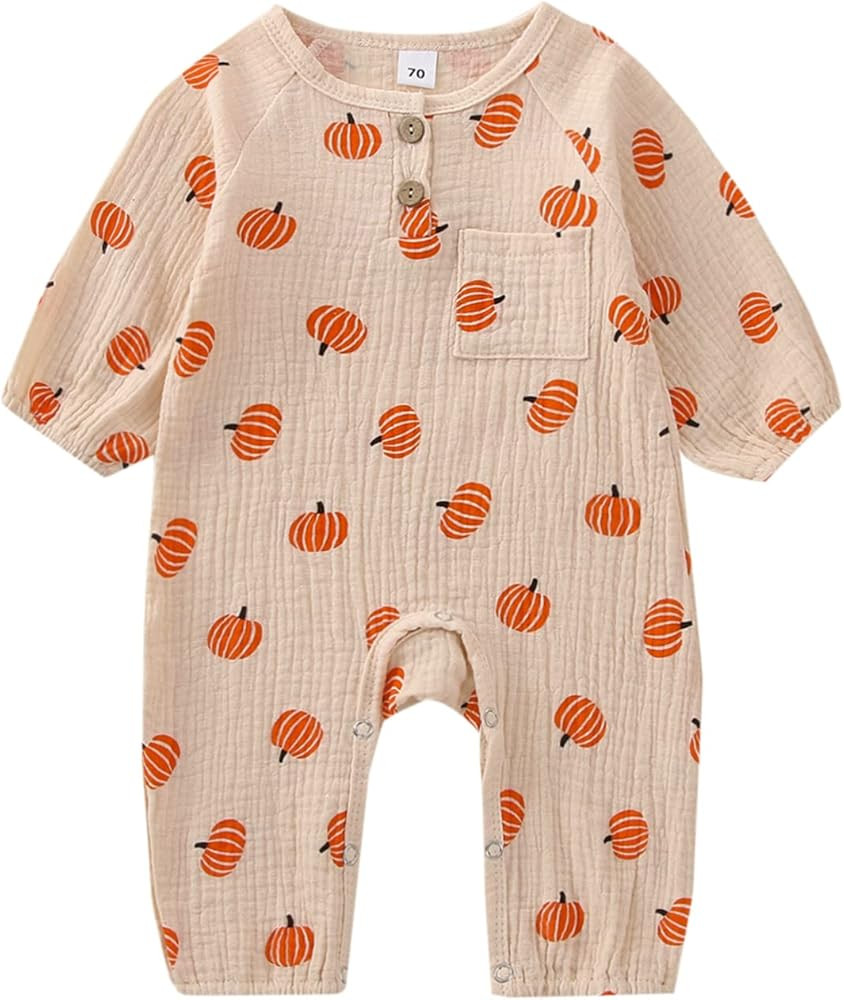 FIOMVA Newborn Baby Girl Boy Halloween Outfit Pumpkin Long Sleeve Romper Onesie Cotton Linen Jump... | Amazon (US)