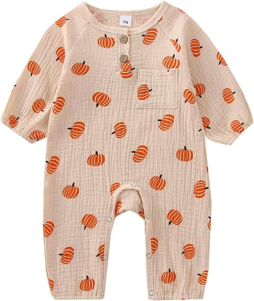 Newborn Baby Boys Girls Halloween Romper Pumpkin Print Long Sleeve Cotton Linen Bodysuit One-Piec... | Amazon (US)