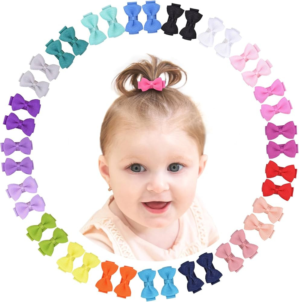 Grosgrain Ribbon Hair Bows Clips for Infant Girls - Fully Lined Mini Bows in 20 Color Pairs, Set ... | Amazon (US)