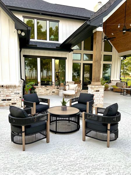 Obsessed is an understatement!!! Our new Walmart patio set is all the modern vibes I could have imagined. #walmartpartner #iywyk #walmartoutdooroasis #patioset #outdoorset #outdoorfurniture #patiofurniture 

Summer, summer finds, summer favorites, summer porch, summer decor, summer outdoor inspiration, outdoor decor, porch finds, porch favorites, porch inspiration, porch decor, porch furniture, black planters, black porch swing, woven hanging planter basket, garden bed with stand, pillar candle lantern, outdoor rug, wicker outdoor lantern, welcome half moon doormat, outdoor door mat, porch wall light, porch sconces, wood stump accent table, throw pillow, outdoor pillow, Modern home decor, modern planter pot, black pot, plant pot, black home decor
Black patio furniture, modern patio furniture, arhaus dupe, crate and barrel dupe, Serena and Lily dupe. 

#LTKhome #LTKFind #LTKSeasonal